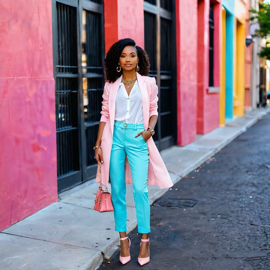 A stylish petite woman confidently showcasing a variety of outfits, from basic silhouettes to bold statement pieces. The background is a chic urban setting with pastel colors, emphasizing her fashionable looks. Include accessories like statement jewelry and trendy shoes to enhance her style. Capture the essence of petite fashion through playful poses and vibrant textures. super-realistic. vibrant colors. urban backdrop.