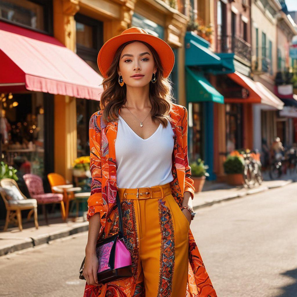 A stylish petite woman confidently showcasing her fashion-forward outfit in a vibrant street setting, surrounded by trendy accessories, hats, and shoes. The scene captures a mix of bold colors and patterns that celebrate unique personal style, with an emphasis on flattering silhouettes for petite frames. The background includes chic boutiques and urban elements to evoke a lively fashion atmosphere. super-realistic. vibrant colors. warm sunlight.